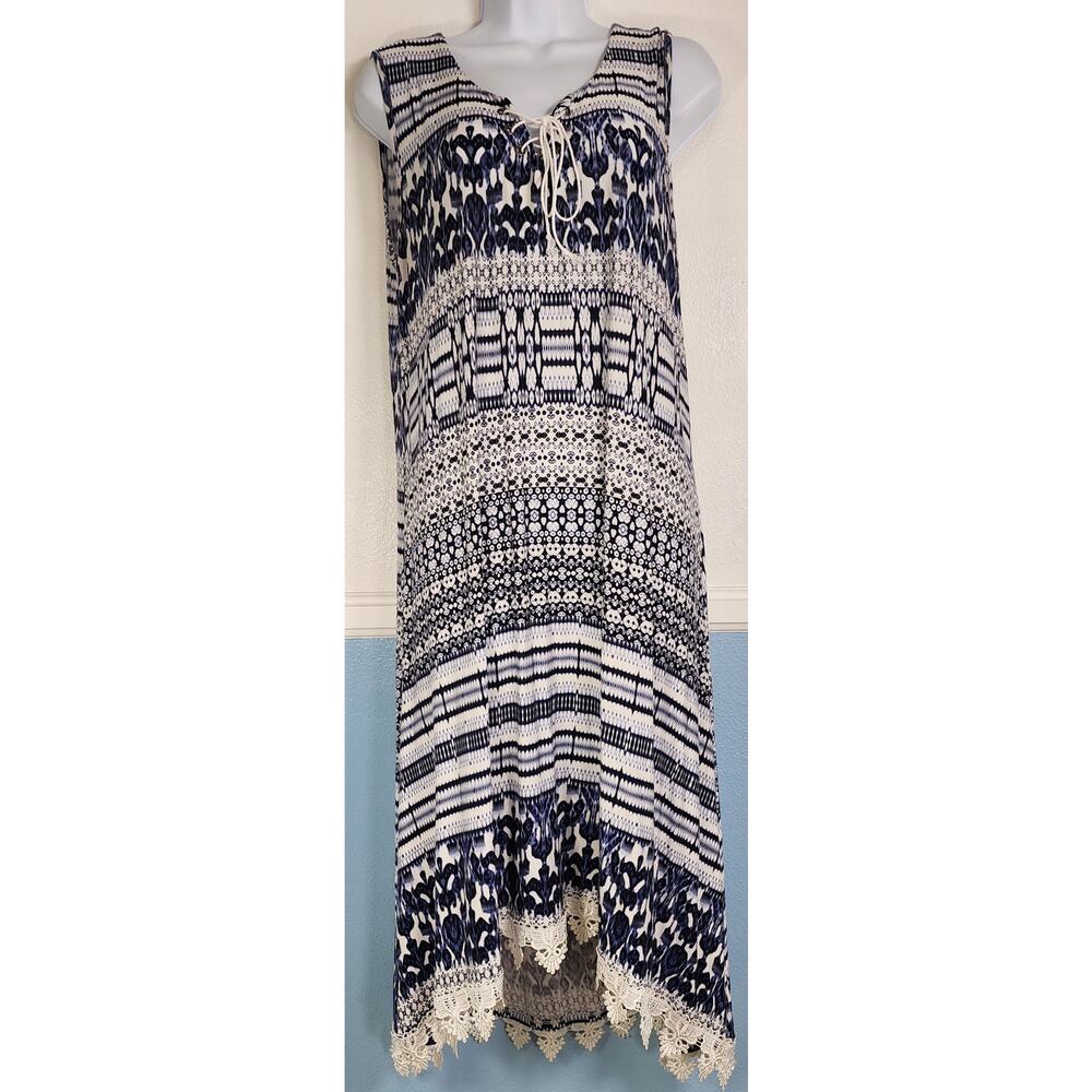 Live and Let Live Boho Lace Trim Tunic Dress Blue White Sleeveless L